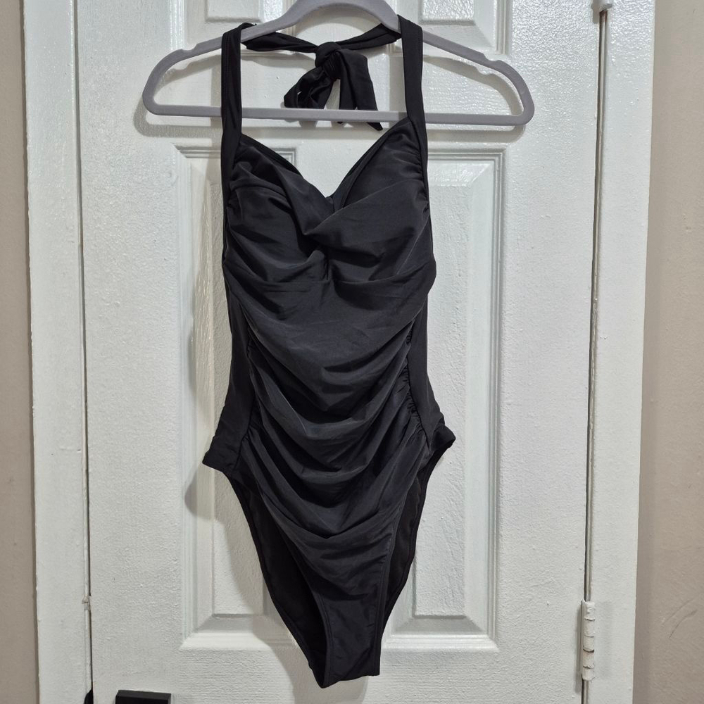 Women's AIMAGE Black Halter Ruched One Piece Swimsuit L - Picture 3 of 10